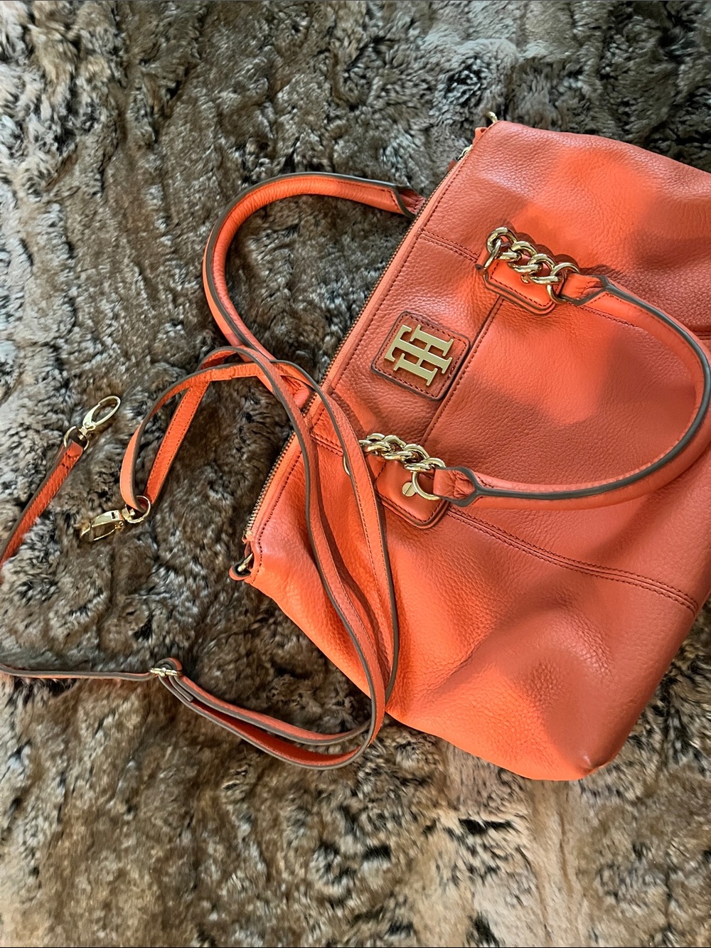 Tommy Hilfiger Coral-Orange Leather Satchel with Gold Hardware